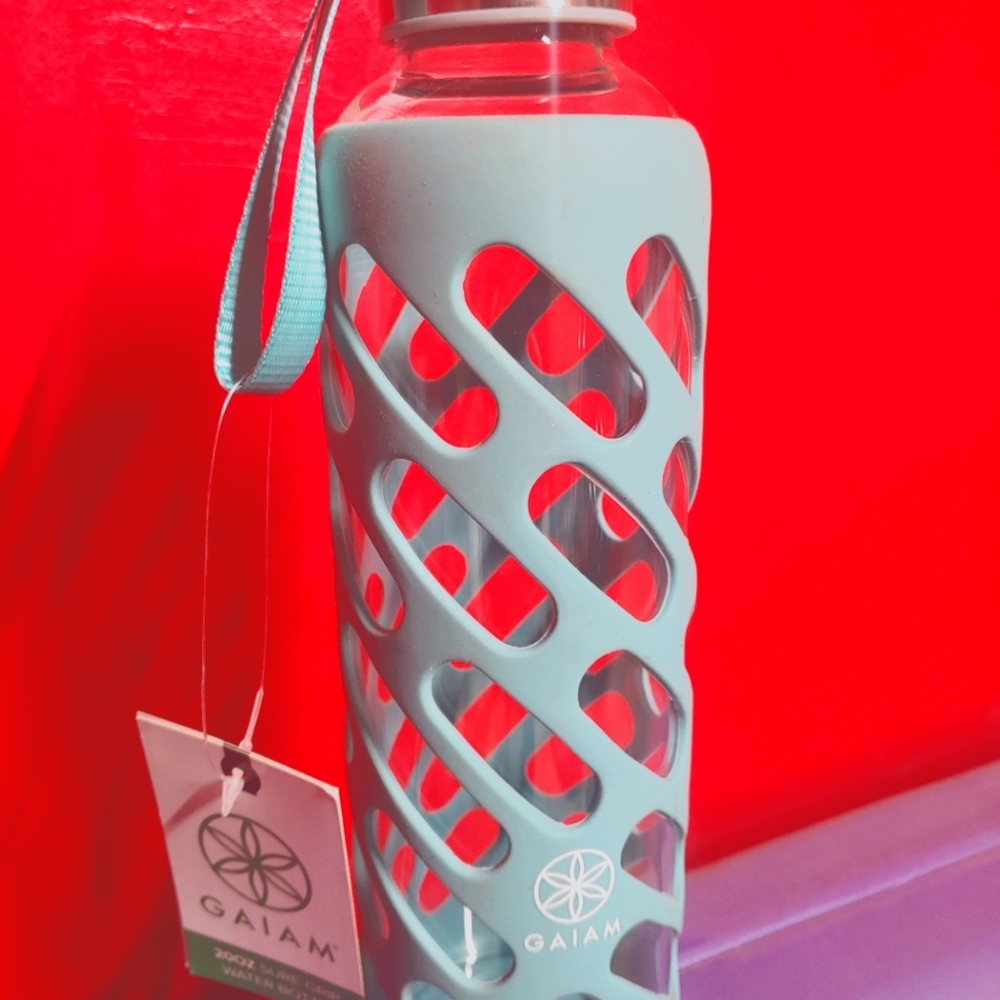 Gaiam 20oz glass water bottle covered in silicon